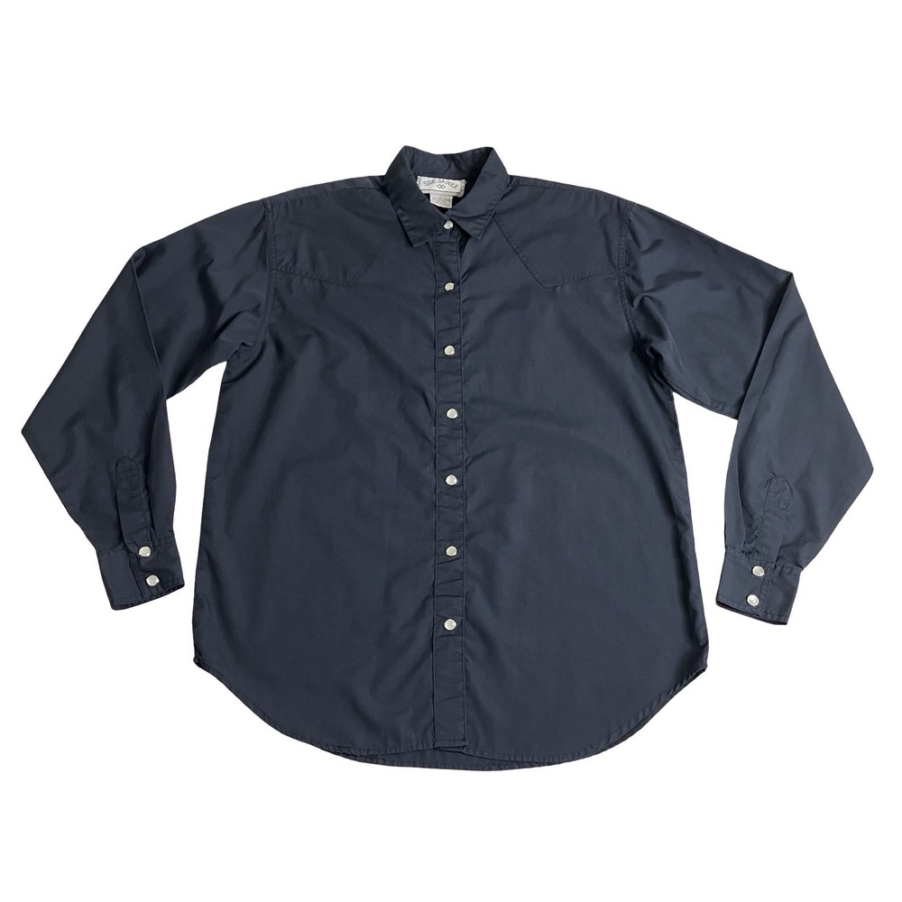 Vintage Side Saddle Western Shirt Womens L Navy Pearl Snap Yoke Cowgirl Rodeo